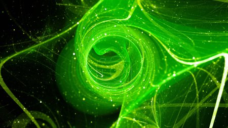 Green glowing multidimensional quantum force field with elementary particles, 3D render