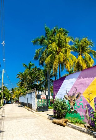 Foto de El Tunco, El Salvador - 20 de febrero de 2023: Vista del mural de graffiti de pared de arte urbano. El Tunco es un pueblo de surf y playa en el suroeste de El Salvador. - Imagen libre de derechos
