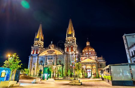 Téléchargez les photos : Cathédrale de l'Assomption de Notre-Dame à Guadalajara, Mexique la nuit - en image libre de droit