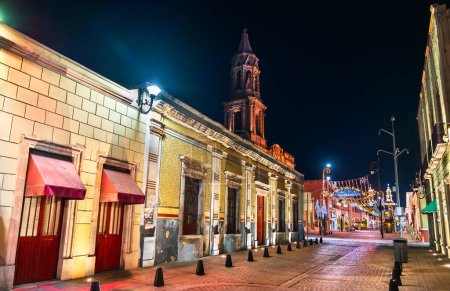 Downtown Aguascalientes, Mexico with Christmas decorations at night