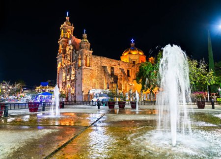 Temple of Our Lady of Mount Carmel or San Marcos Temple in Aguascalientes, Mexico at night
