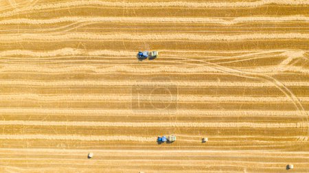 Téléchargez les photos : Au-dessus de la vue de dessus sur deux tracteurs alors qu'ils tirent la presse à balles rondes, des machines qui enroulent la paille et crachent une balle ronde emballée sur un champ agricole. - en image libre de droit