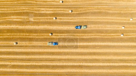 Téléchargez les photos : Au-dessus de la vue de dessus sur deux tracteurs alors qu'ils tirent la presse à balles rondes, des machines qui enroulent la paille et crachent une balle ronde emballée sur un champ agricole. - en image libre de droit