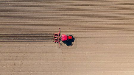 Photo for Above top view, of tractor as pulling mechanical seeder machine over arable field, soil, planting new cereal crop, corn, maize. - Royalty Free Image