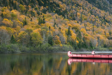 Téléchargez les photos : Canot sur la rivière Jacques Cartier à l'automne - en image libre de droit