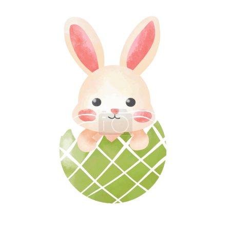 Cute Easter bunny in green cracked egg shell . Hand drawn watercolor illustration.