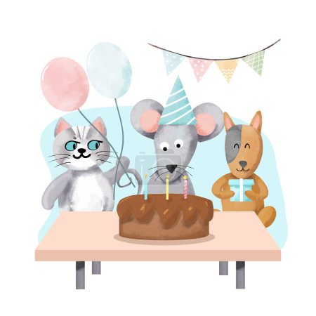 birthday party with cat, mouse, rat and dog vector illustration design