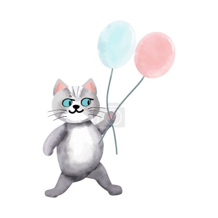 Foto de Lindo gato gris con globos. Ilustración de acuarela sobre fondo blanco. - Imagen libre de derechos