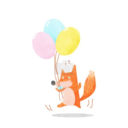 Foto de Bonito zorro rojo de dibujos animados con globos. Acuarela dibujada a mano ilustración. - Imagen libre de derechos