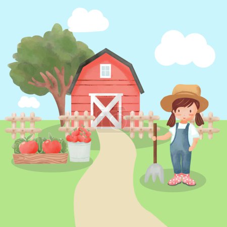 a cartoon illustration of a girl in front of a barn with a fence and a farm in the background.