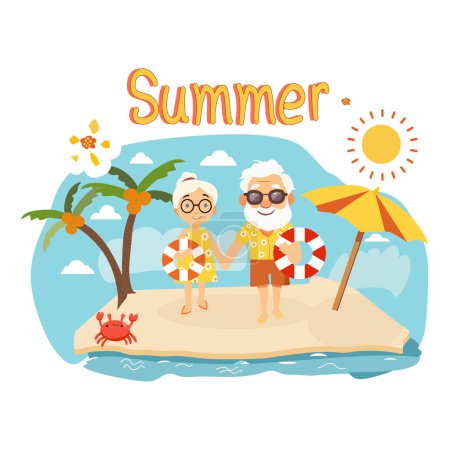 Foto de Ilustración vectorial de verano con pareja de ancianos en la playa. Ilustración vectorial. - Imagen libre de derechos
