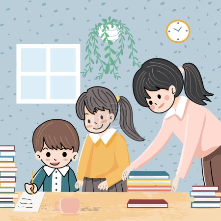 La mère aide les enfants à faire leurs devoirs à la maison. Illustration vectorielle dans le style dessin animé.