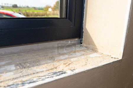 Photo for Warm installation of a three-layer window with a polystyrene window sill, view from the inside. - Royalty Free Image