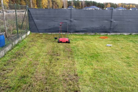 Téléchargez les photos : Scarifier la pelouse avant la saison hivernale avec un scarificateur électrique. - en image libre de droit