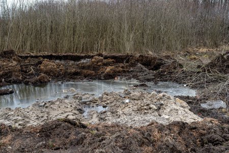 Pantanos excavados con aguas subterráneas altas, basura visible y turba.