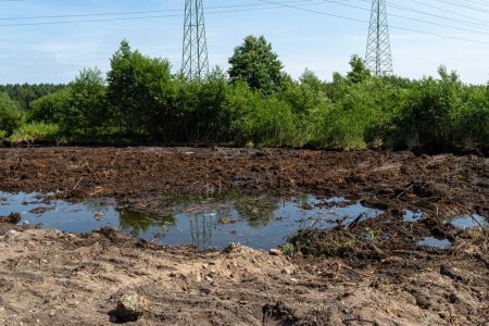 Excavando turba de pantanos pantanosos, agujero visible con aguas subterráneas.