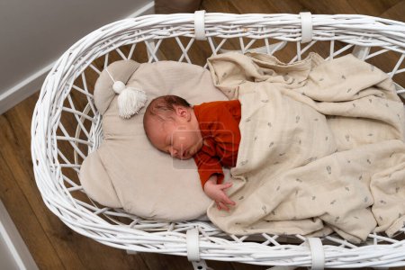 A Caucasian newborn baby sleeps in a Moses basket with a stand in the bedroom.