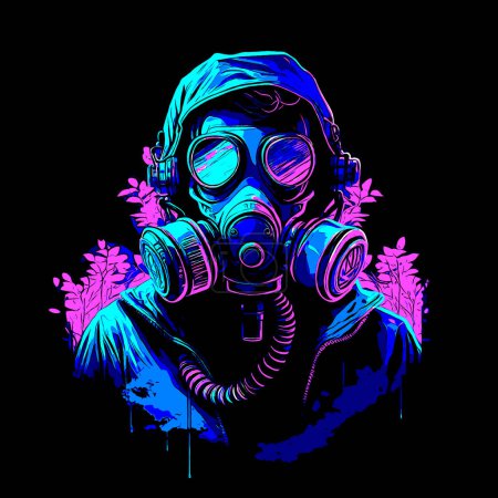 Stylized portrait of a person wearing a gas mask. Isolated on black color layer