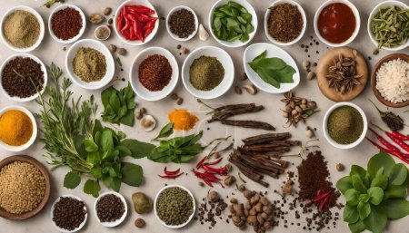 Photo for Discover the vibrant world of Indonesian herbs and spicy ingredients with our Herbal Essence. Immerse yourself in the culinary symphony of real, top-view images capturing the essence of authentic Indonesian flavors. - Royalty Free Image