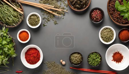 Photo for Discover the vibrant world of Japanese herbs and spicy ingredients with our Herbal Essence. Immerse yourself in the culinary symphony of real, top-view images capturing the essence of authentic Japanese flavors. - Royalty Free Image