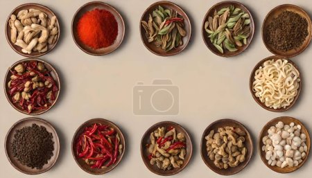 Photo for Discover the vibrant world of Chinese herbs and spicy ingredients with our Herbal Essence. Immerse yourself in the culinary symphony of real, top-view images capturing the essence of authentic Chinese flavors. - Royalty Free Image