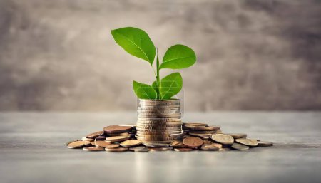 Presenciar el crecimiento simbólico del ahorro como una planta prospera en medio de un lecho de monedas, ilustrando el concepto de inversión e interés