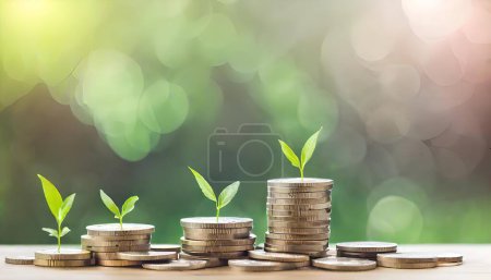 Witness the financial journey through a growing stack of coins forming a graph against a vibrant green bokeh background, illustrating investment growth