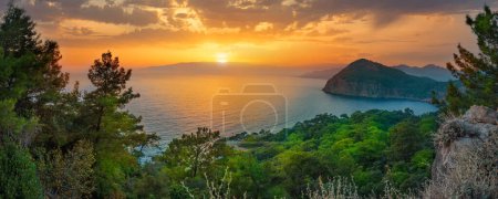 Photo for Sea bay with green trees on the shore at sunset. Panorama - Royalty Free Image