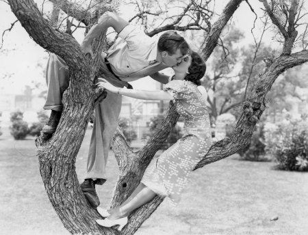 Foto de Pareja romántica besándose en árbol desnudo en parque - Imagen libre de derechos