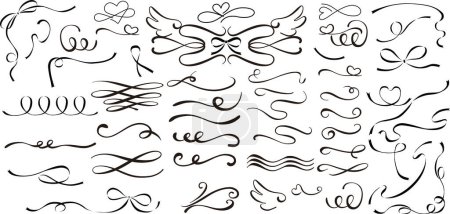 Illustration for Vintage swirl ornament, line style flourishes set. Filigree calligraphic ornamental curls. Collection of squiggly lines isolated on white background vector illustration. - Royalty Free Image