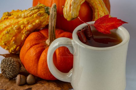 Photo for Autumn scene with cup of tea with  a stick of cinnamon, pumkins, - Royalty Free Image