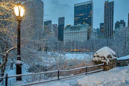 Photo for Gapstow Bridge in Central Park during snow storm at dawn - Royalty Free Image