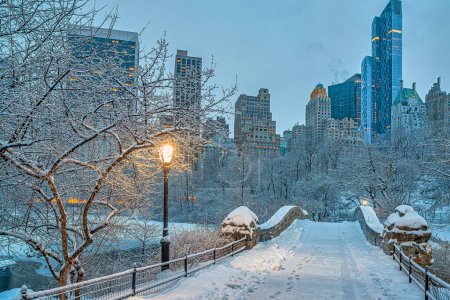 Foto de Puente de Gapstow en Central Park durante la tormenta de nieve al amanecer - Imagen libre de derechos