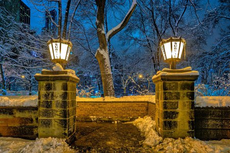 Foto de Central Park en invierno al amanecer, entrada a la estación de metro - Imagen libre de derechos