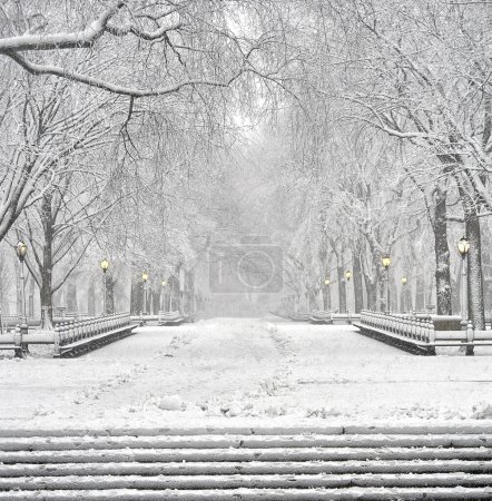 Téléchargez les photos : Le centre commercial de Central Park, à New York, pendant une tempête de neige - en image libre de droit