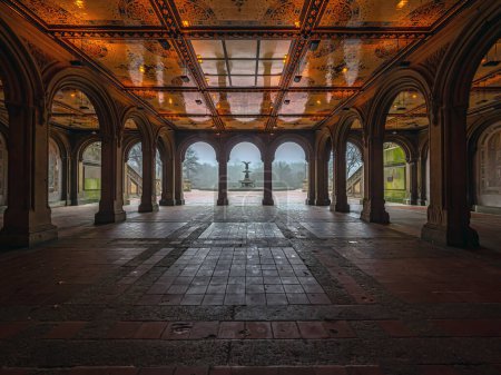 Bethesda Terrace and Fountain are two architectural features overlooking The Lake in New York City's Central Park.
