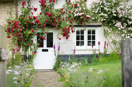 Foto de BUCKINGHAMSHIRE, Reino Unido - 03 de junio de 2022. Exterior de casa de campo Inglés y jardín con rosas trepadoras alrededor de la puerta principal. Inglaterra, Reino Unido - Imagen libre de derechos