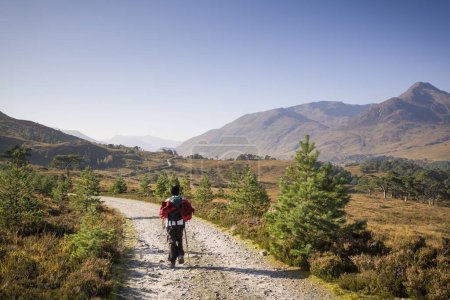 Téléchargez les photos : Indienne sud-asiatique randonnée seule à travers les Highlands écossais paysage. Glen Affric, Écosse, Royaume-Uni - en image libre de droit