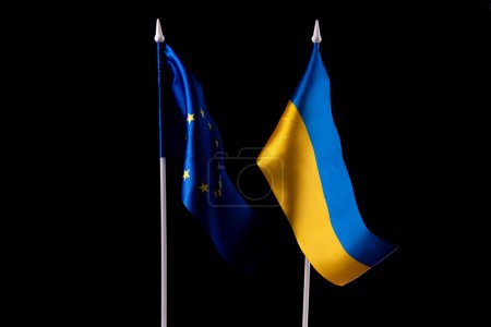 Photo for Flag of Ukraine and Europe on a black background. The concept of support for Ukraine in difficult times. - Royalty Free Image