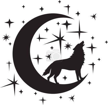 Silhouette of Howling Wolf, Night moon and stars (crescent). Vector Illustration.