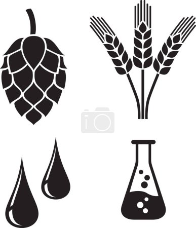 Photo for Brewing Ingredients Icons. Hops, Barley,  Water. Black and White. Vector Illustration. - Royalty Free Image