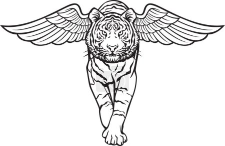 Photo for Tiger Walking with Wings Black and White. Vector Illustration. - Royalty Free Image