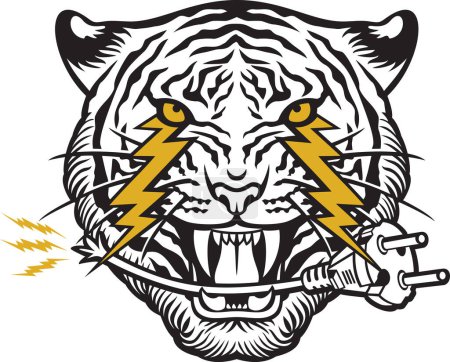 Photo for Tiger Face with Lightning Bolts and Power Plug in its Mouth. Vector Illustration. - Royalty Free Image
