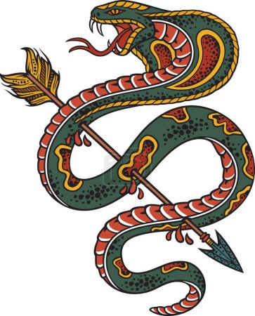 Photo for Cobra Snake pierced with an Arrow Color. Old School Style Tattoo. Vector Illustration. - Royalty Free Image