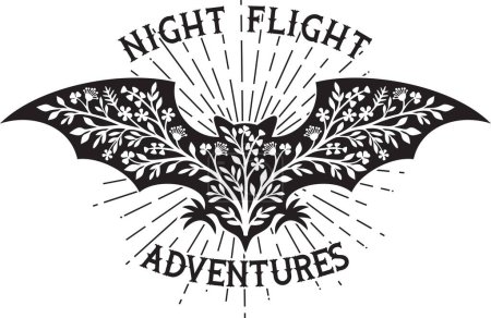 Illustration for Night Flight Adventures. Floral Bat Black and White. Vector Illustration. - Royalty Free Image