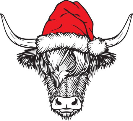 Photo for Christmas Highland Cow with Santa Hat.  Scottish Cattle Color. Vector Illustration. - Royalty Free Image