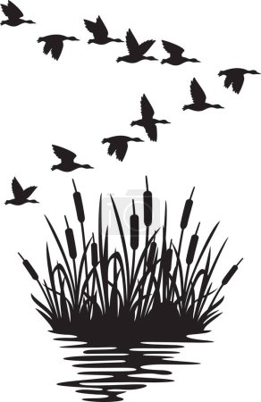 Illustration for Flock of Flying Mallard Ducks and Reeds Silhouette (Bulrush).  (Migrating Birds). Vector Illustration. - Royalty Free Image