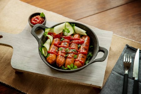 Photo for Chicken or pork sausages served for meal, bbq or grilled. High quality photo - Royalty Free Image