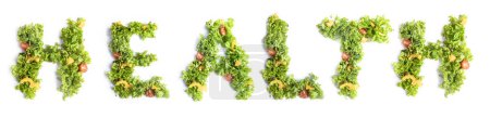 Téléchargez les photos : Libellé SANTÉ fait de salade fraîche saisonnière isoalté sur fond blanc, nourriture végétarienne, mode de vie sain. Photo de haute qualité - en image libre de droit