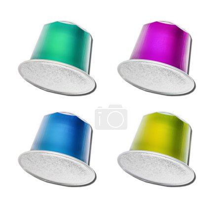Photo for 4 various no logo new fresh aluminum coffee capsules isolated over white background. High quality photo - Royalty Free Image